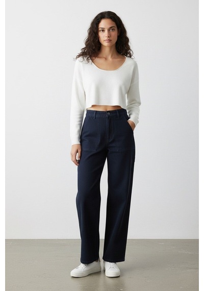Kene Jeans Kadın Lacivert Ön Yapıştırma Cep Bol Paça Pantolon Lacivert