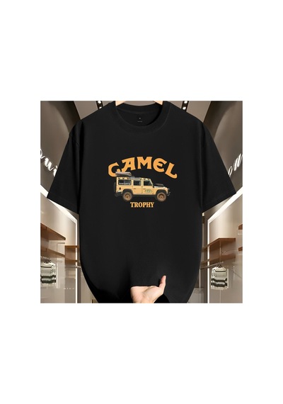 Caddemia Şık Gündelik Bol Retro Desen Baskılı Yuvarlak Yakalı Kısa Kollu Tişört Siyah 2XL