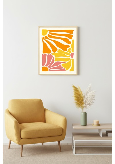Doğal Ahşap Çerçeveli Abstract Retro Tablo - Canlı Turuncu Sarı Soyut Desen Huhu2652