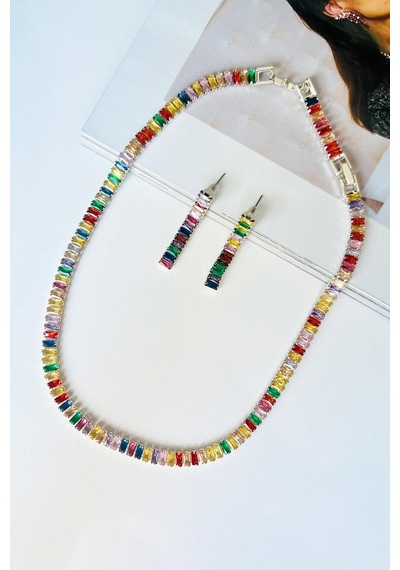 Allmisse Silver Zirkon Taşlı Baget Çok Renkli Su Yolu Bijuteri Takı Seti - Parlak Silver