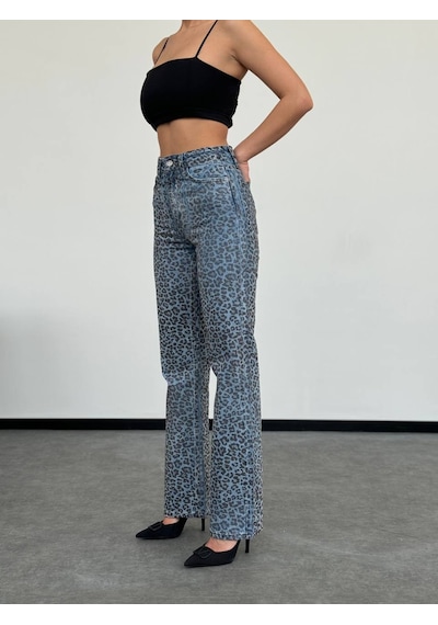 Desenli Yüksek Bel Denim Royal Mavi