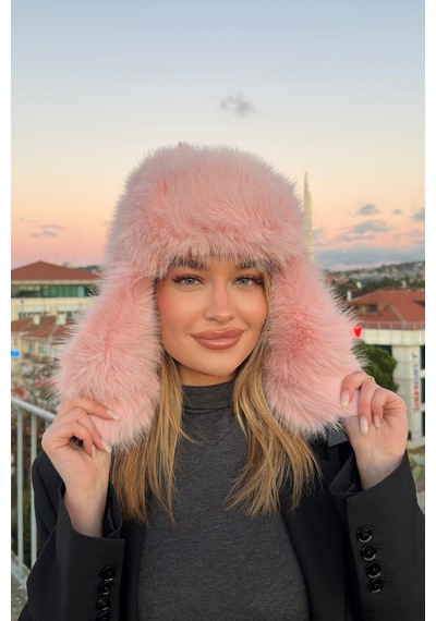 Mollycrush Luxury Kadın Pembe Uzun Tüylü Suni Kürklü Peluş Tüylü Pilot Şapka Pembe