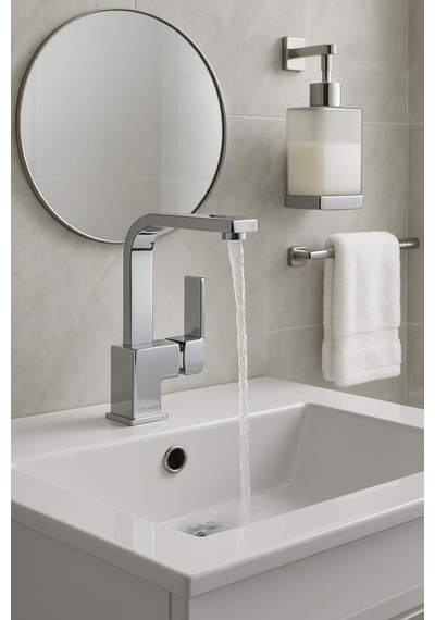Rena Design Lavabo Bataryasi Krom Kare Banyo Lavabo Musluk Ağir Prinç Gövde Döner Boru Lüks Armatür Gümüş Gri