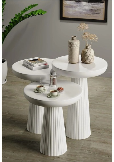Simillo Wood Ahşap Beyaz 3 Lü Set Mantar Yan Sehpa Fiskos / Wooden Coffee Table / Zigon Sehpa Beyaz