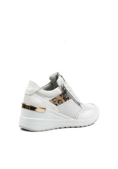 Kadın Beyaz Bağcıklı Dolgu Topuklu Deri Sneaker