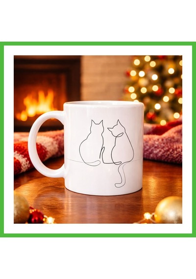 Vaveni Minimal Çizim İki Kedi Desenli Porselen Kupa Model 77 Sevgi Temalı Şık Tasarım, Kahve & Çay Kupası Arz Diğer