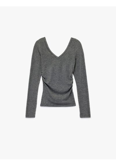 Koton Slim Fit Drapeli Kaşkorse V Yaka Uzun Kollu Tişört Antrasit 7wal10138ık