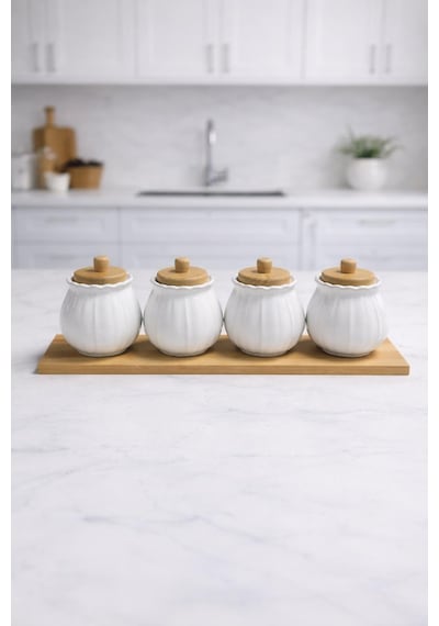 Bambu Standlı 7 Li Seramik Baharatlık Seti Ahşap Ve Vakum Kapaklı Mutfak Düzenleyici Kavanoz Seti Beyaz