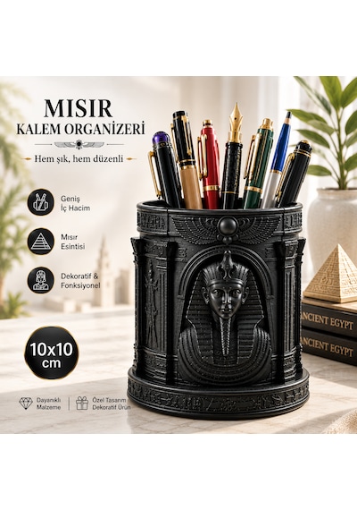 Antik Mısır Temalı Dekoratif Kalemlik Organizer Antik Mısır Tasarımlı Masaüstü Kalem Düzenleyici 10x10 Cm Siyah