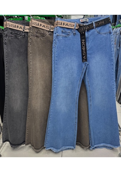 Zanessi Büyük Beden Toparlayıcı Kemerli Bol Paça Denim Kadın Pantolon Mavi
