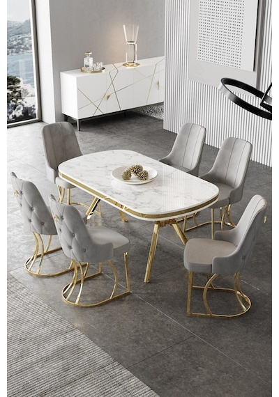 Canisa Epal Serisi 90x168 Lak Panel Beyaz Mermer Desen Masa Takımı Gold Ayaklı 6 Gri Sandalye Masa Beyaz Mermer Desen Sandalye Gri Canisa Epal Serisi 90x168 Lak Panel Beyaz Mermer Desen Masa Takımı Gold Ayaklı 6 Gri Sandalye Masa Beyaz Mermer Desen Sandalye Gri
