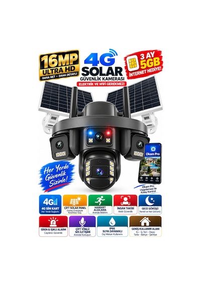 Premium 16mp 4g Solar Güvenlik Kamerası Çift Panel Ptz İnsan Takip Renkli Gece Görüş Ip66 Okam Pro
