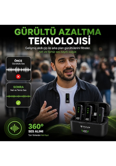 Kablosuz Yaka Mikrofonu 2'li Type-c & Lightning Uyumlu Şarj Kutulu Gürültü Azaltmalı İphone & Android Airmic Pro Ry-wm02