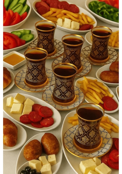 12 Parça Altın Yaldız Desenli Çay Bardağı Ve Desenli Tabak Seti Çok Renkli