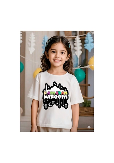 Stil-x Ramazan Bayramı Baskılı Kız Çocuk Tshirt, %100 Pamuklu Kumaş Beyaz-19