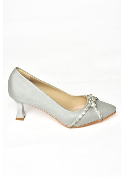 Fox Shoes S246061604 Gümüş Kumaş Kalın Topuklu Kadın Abiye Ayakkabı Gümüş