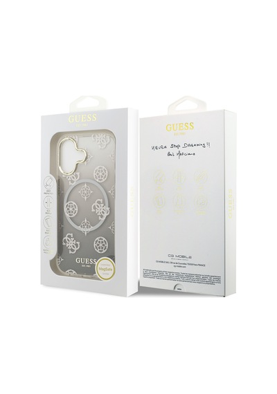 Apple Uyumlu iPhone 17 Kılıf Guess Lisanslı M-safe Şarj Özellikli Simli Peony Desenli Silikon Kapak Siyah Siyah