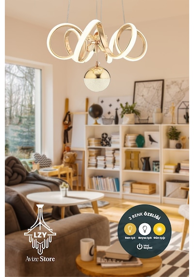 Kıvrımlı Toplu 3 Renk Işık Özellikli Power Led Kaplama Sarkıt Led Avize Salon Avize Gold
