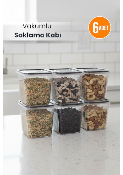 6'lı Şeffaf Sızdırmaz Vakumlu Erzak Saklama Kabı Bakliyat Saklama Kutusu 1,6 L Şeffaf