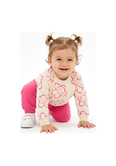 HelloBaby Pamuklu Çiçek Detaylı 2li Kız Bebek Takım Fuşya