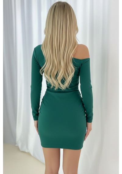 Defymoda Kadın Asimetrik Yaka Bodycon Elbise Yeşil