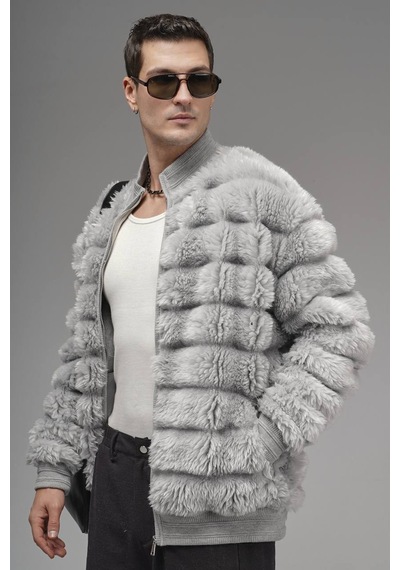 Akçaylar Oversize Fermuar Kapamalı Dik Yaka Astarsız Peluş Ceket Gri