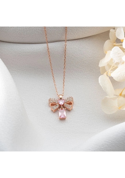 Vaoov 925 Ayar Gümüş Pembe Baget Taşlı Kalpli Kurdele Kolye Rose