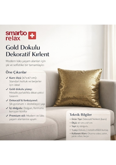 Smarto Relax Luxe Gold Dekoratif Dolgulu Kırlent 45 X 45 Cm