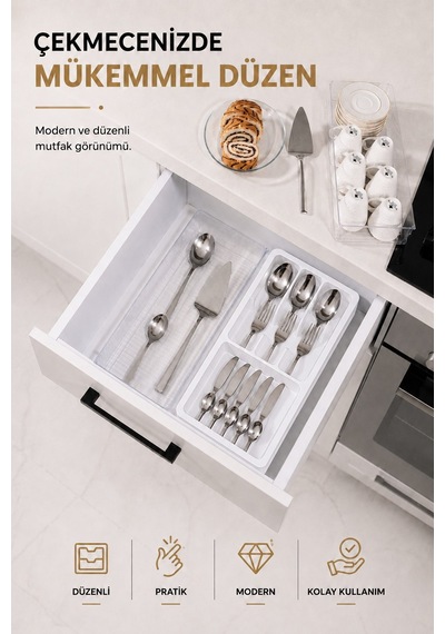 Çekmece İçi Kaşıklık Organizer Bölmeli Mutfak Düzenleyici Beyaz S-11030