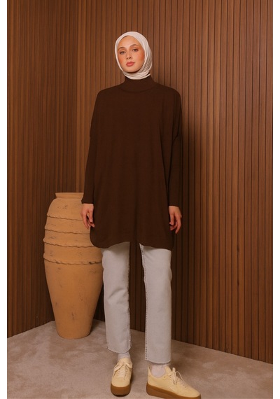 Balenbi Kadın Dik Yaka Basic 80cm Salaş Oversize Triko Tunik 1145 Kahverengi