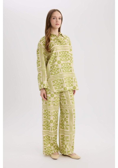 DeFacto Wide Leg Desenli Esnek Belli Keten Karışımlı Geniş Paça Pantolon D8188AX25SPGN698