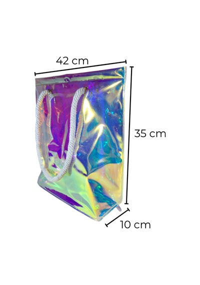 Rm Promosyon Taban Körüklü Şeffaf Plaj Çantası - Beyaz Halat Askılı Havuz Ve Deniz Çantası Holografik Holografik