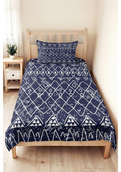 Lacivert Geometrik Genç Odası Tek Kişilik Pike Takımı - Bohem Beyaz 160x220 Cm Kapitone Yatak Örtüsü Kışlık Perde Hissi