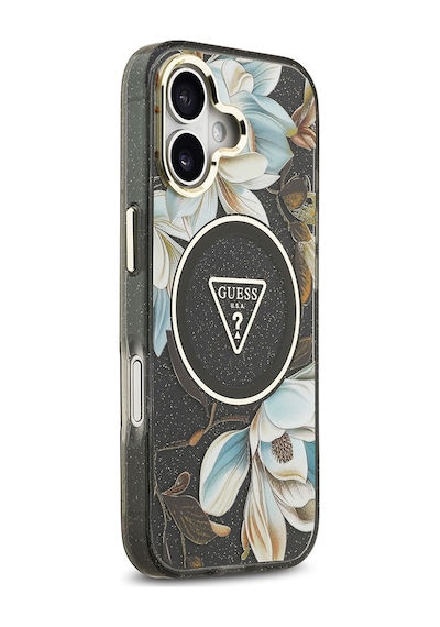 Apple Uyumlu iPhone 17 Kılıf Guess Lisanslı M-safeli Simli Çiçek Desen Metal Kamera Çerçeveli Üçgen Logolu Siyah Siyah
