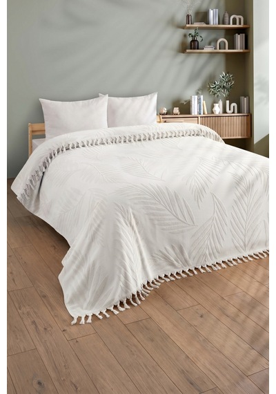 Çift Kişilik Saçaklı Havlu Yatak Örtüsü - %100 Pamuk & Yumuşak & Saçaklı Pike - 200x220 Cm-ekru Ekru