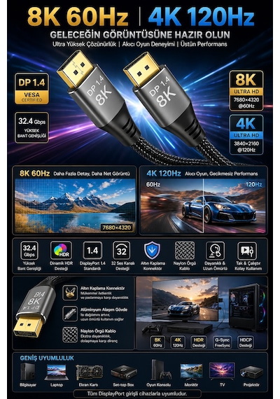 8k Displayport Kablo Dp 1.4 1.8 Metre Ultra Hd Altın Uçlu Gaming Monitör Kablosu