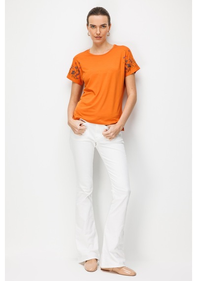 Kadın Sıfır Yaka Nakış İşlemeli Düşük Kollu Penye T-shirt Turuncu Turuncu