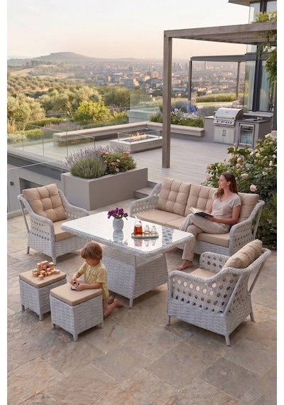 Canisa Akasya Serisi 1. Sınıf 3+1+1+2 Puf Beyaz Rattan Cappucıno Minder Bahçe Balkon Oturma Koltuk Takımı Canisa Akasya Serisi 1. Sınıf 3+1+1+2 Puf Beyaz Rattan Cappucıno Minder Bahçe Balkon Oturma Koltuk Takımı