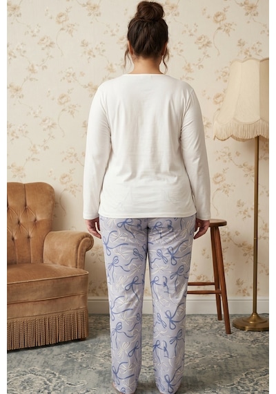 Siyah İnci Desenli Düğmeli Büyük Beden Battal Boy Viskon Örme Pijama Takım 26224838 Ekru