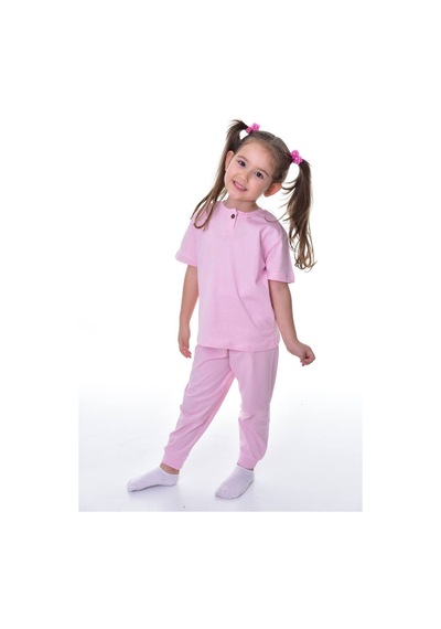 %100 Pamuk Penye Kumaş Düğmeli Sade Terletmeyen Kız Çocuk Yazlık Pijama Takımı Pembe
