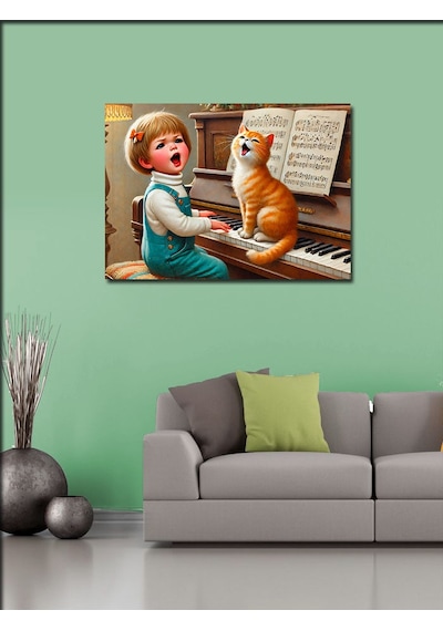 Kanvas Tablo Piyanist Kız Ve Kedi 50cmx70cm