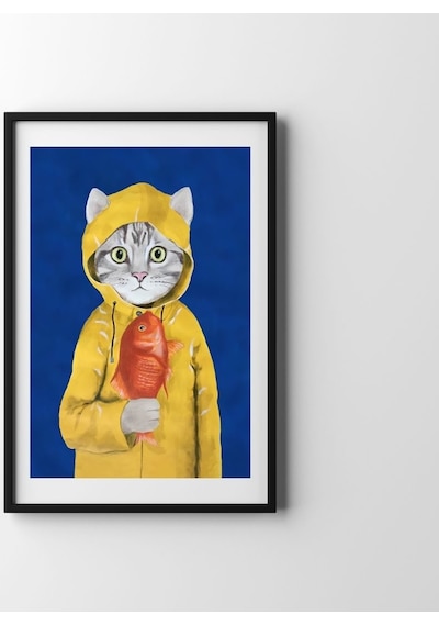 Sarı Yağmurluklu Kedi Temalı Dekoratif Tablo Sök Tak Çerçeve