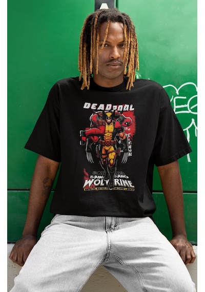 Deadpool Wolverine Film Kahramanları Baskılı Unisex Oversize Tişö Siyah