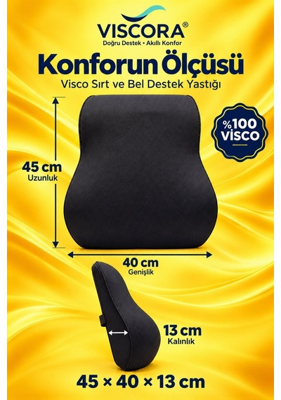Araba Sırt Minderi Ofis Koltuk Sırt Minderi Ergonomik %100 Visco Klipsli Destek Yastığı, Siyah 45