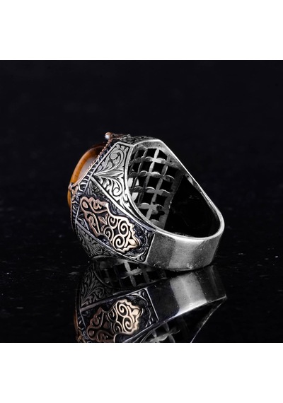 El Yapımı Cabochon Kaplan Gözlü Taş Yüzük - 925k Katı Gümüş Erkek Yüzüğü - Cesur Tasarım Gümüş