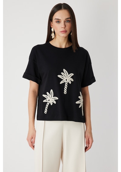 On Kadın Desenli Sıfır Yaka T-shirt 71362 Siyah Siyah