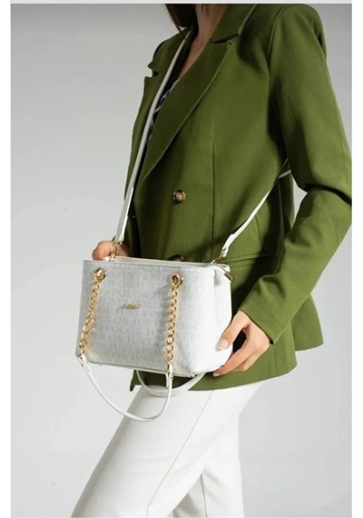 Just Polo Orijinal Kadın 3 Bölmeli Zincir Detaylı Ayarlanabilir Askılı Lüks El & Omuz Çantası Shoulder Bag Beyaz