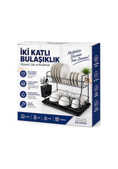 Siyah - Metal 2 Katlı Tabaklık - Bulaşıklık 5570