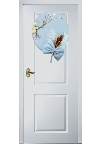 Süslebabypartystore Kuru Çiçek Tanzimli, Ayıcıklı, Isimli Oval Kapı Süsü, Mavi