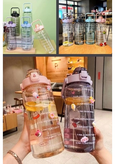 3'lü Yeni Şeffaf Motivasyon Kokusuz Stickerlı Spor Suluk Matara Pipetli Taşınabilir Su Şişesi Renkli Lila
